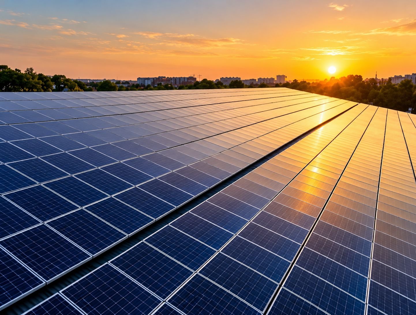 Solar panels at sunset