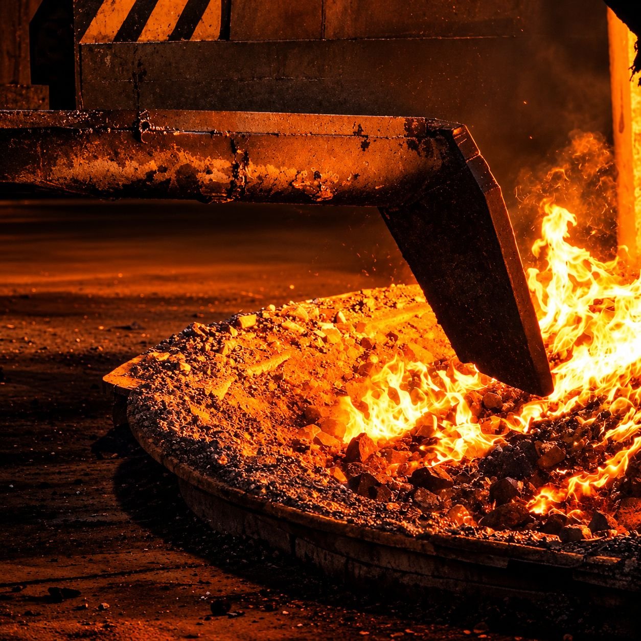 Molten iron in a kiln