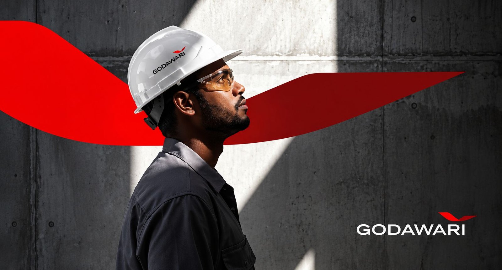 Godawari engineer in a branded white helmet, red wing motif behind him